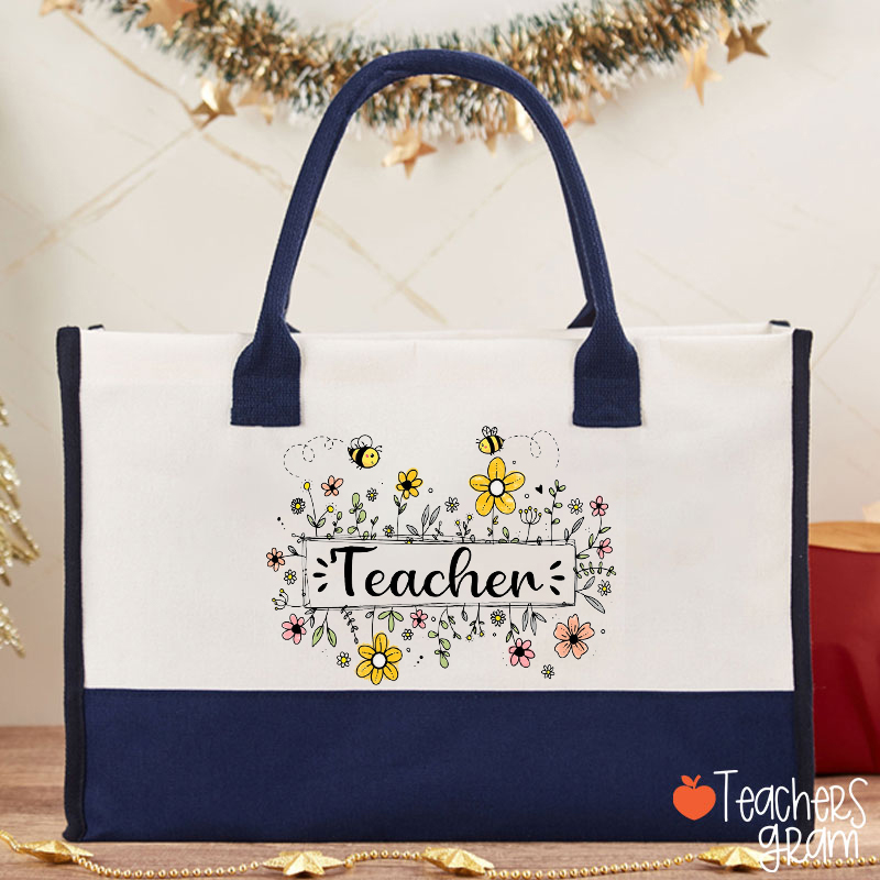 Personalized Name Flowers Bees Teacher Cotton Tote Bag