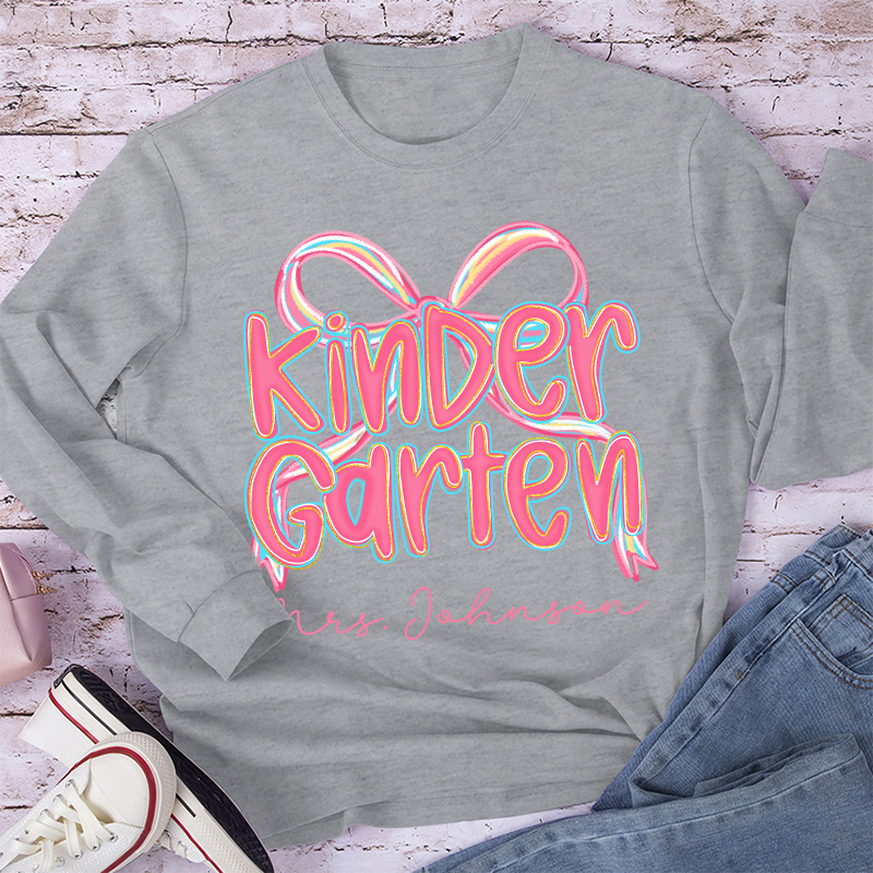 Personalized Grade Pink Bow Teacher Long Sleeve T-Shirt