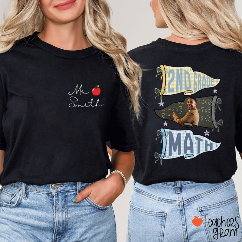 Personalized Name And Grade Plaids Pennants Bows Apple Teacher Two Sided T-Shirt