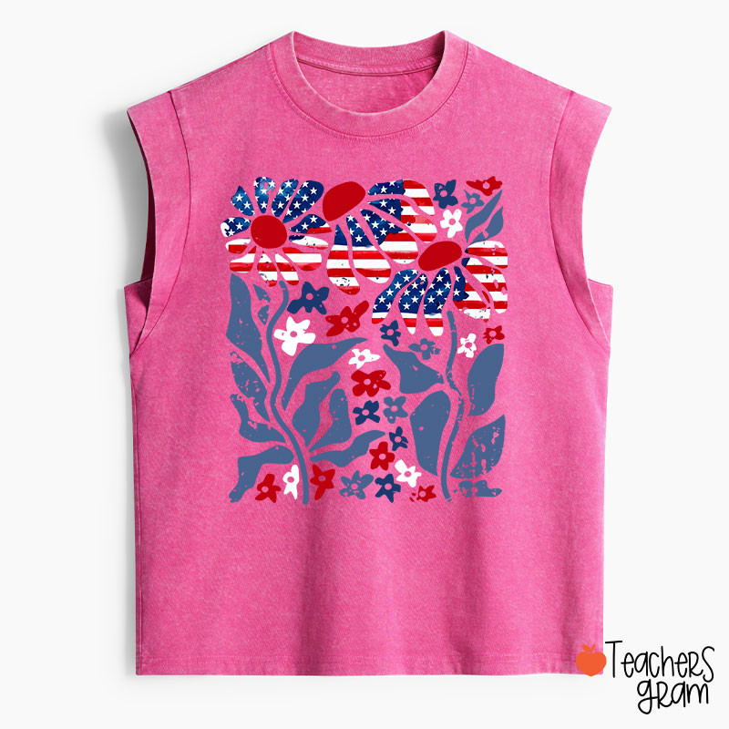 Boho Patriotic Daisy American Flag Floral Teacher Washed Tank Top