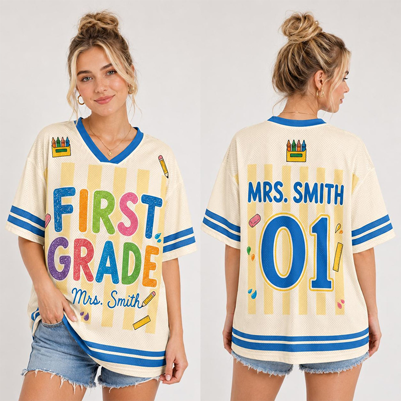 Personalized Grade And Name Preppy Yellow Stripes Crayon First Day Teacher Mesh Jersey