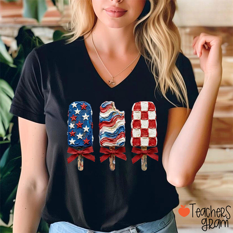 Patriotic Popsicle Teacher Female V-Neck T-Shirt