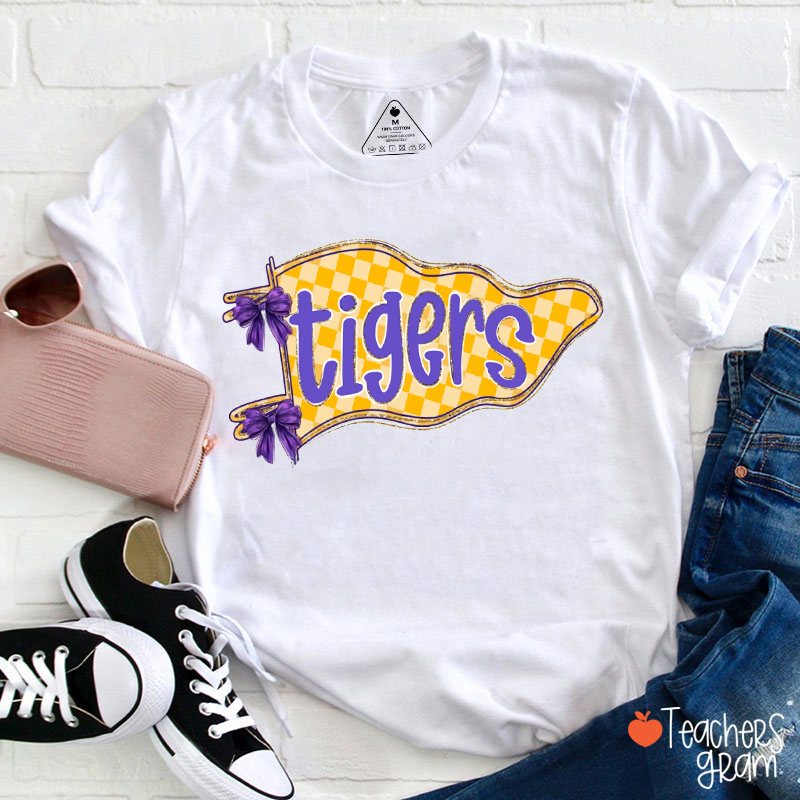 Personalized Mascot Checkered Pennant School Spirit Teacher T-Shirt