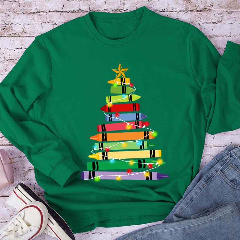 Crayons Tree Colored Ligths Teacher Long Sleeve T-Shirt