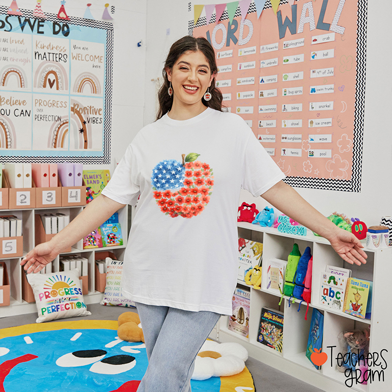 Apple USA Flag Floral Teacher T-Shirt