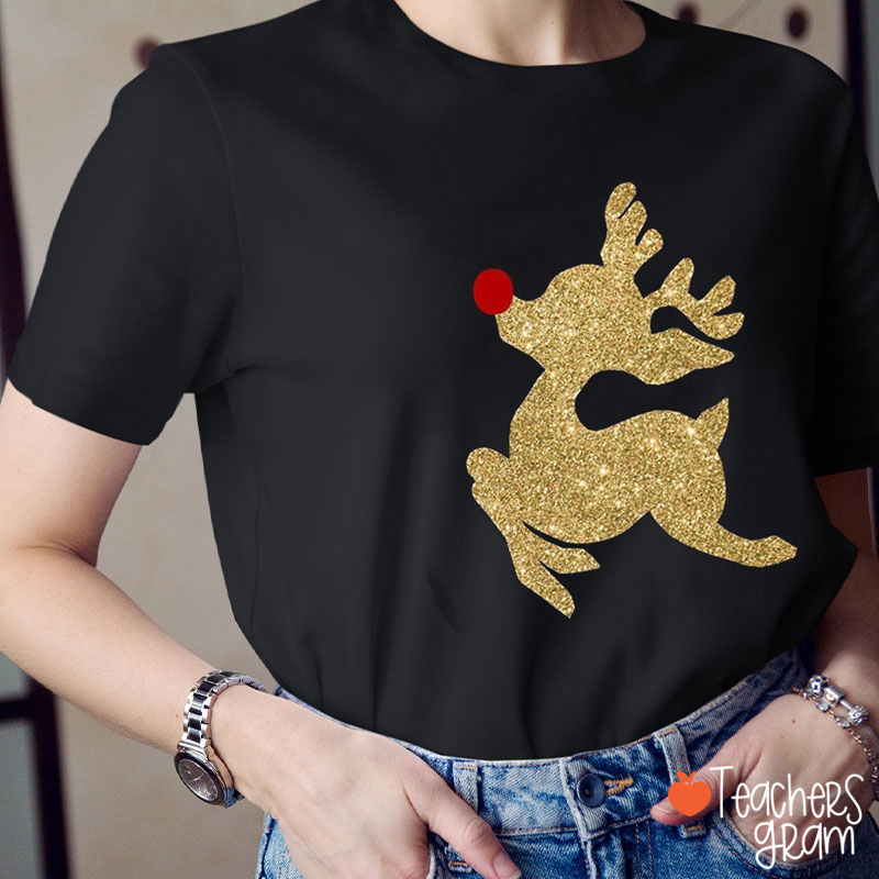 Glitter Reindeer Merry Christmas Teacher T-Shirt