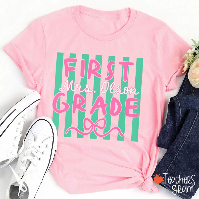Personalized Grade And Name Perppy Stripes Teacher T-Shirt