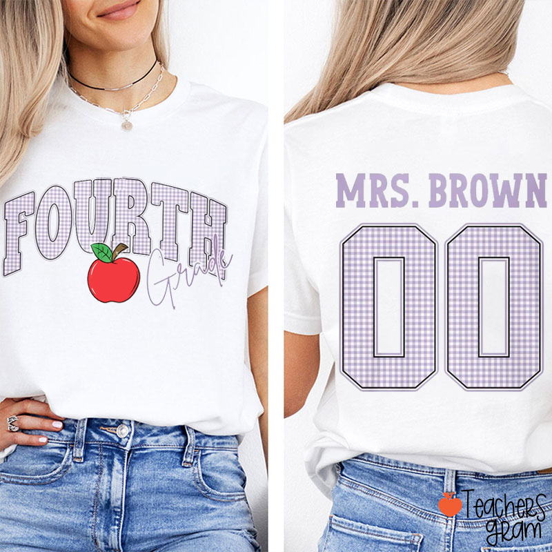 Personalized Grade And Name Checkered Letter Apple Teacher Two Sided T-Shirt
