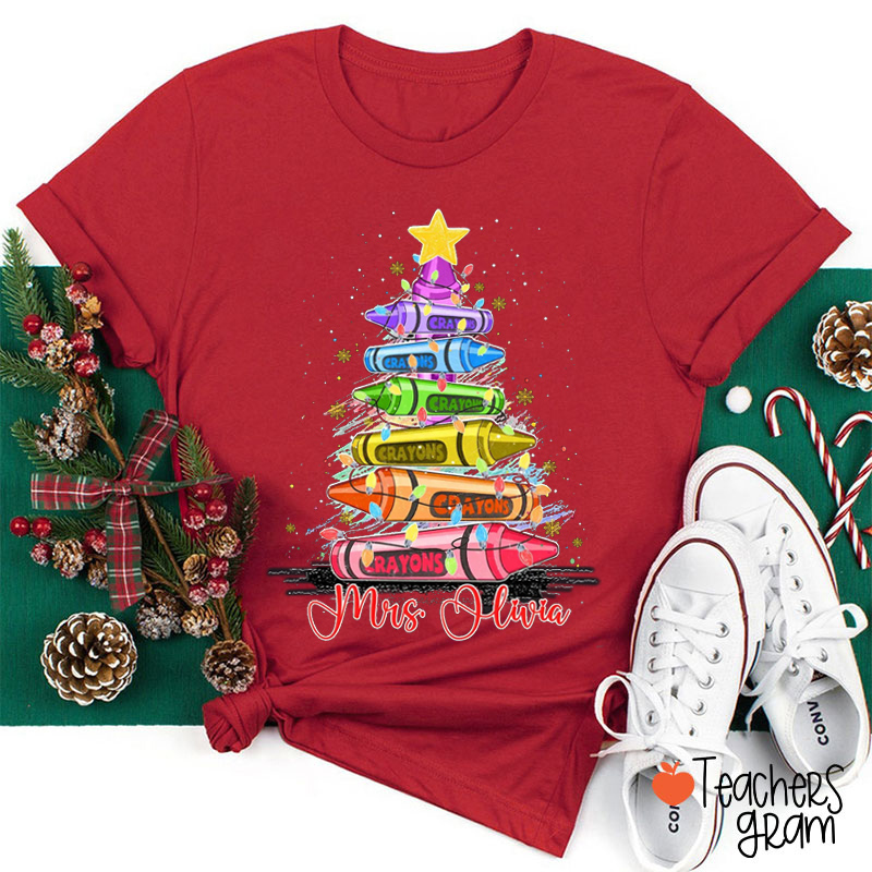 Peraonalized Name Christmas Crayon Tree Teacher T-shirt