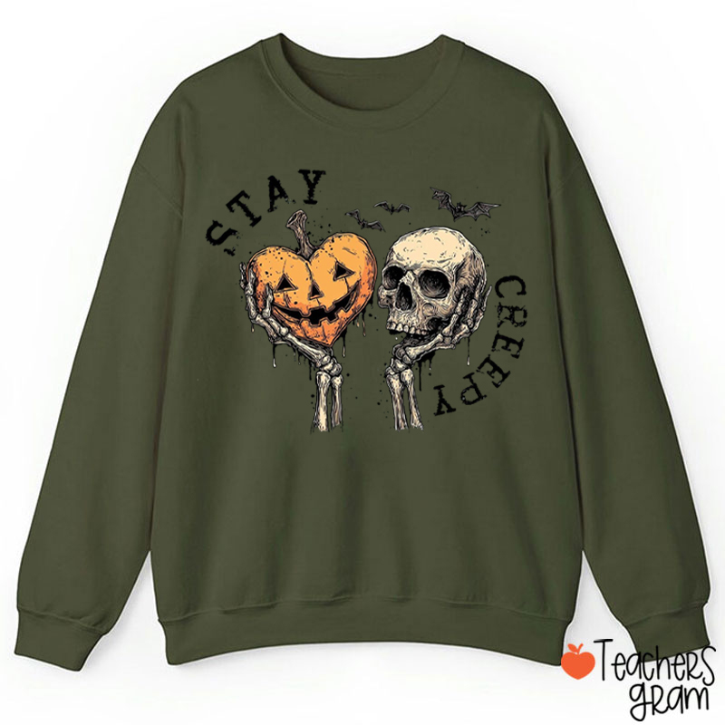 Stay Creepy Skeleton Hands Pumpkin Heart Bat Halloween Teacher Sweatshirt