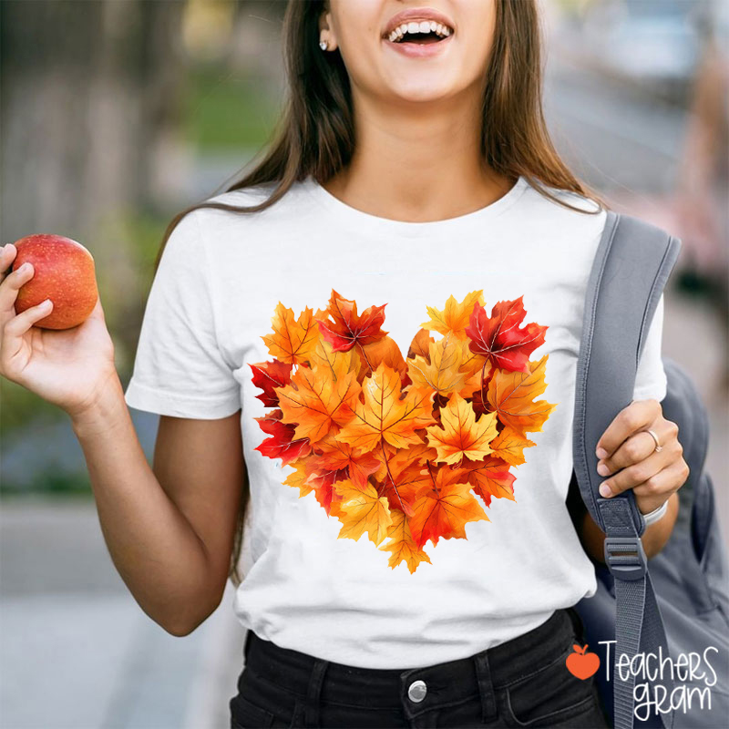 Heart Shaped Maple Leaf Fall Teacher T-Shirt