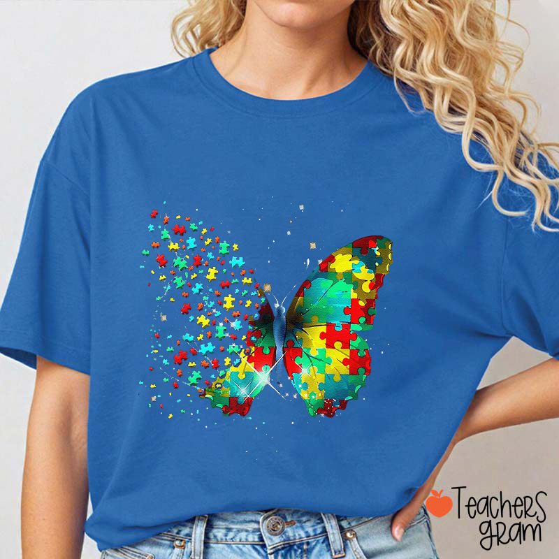 Autism Awareness Puzzle Butterfly Teacher T-Shirt