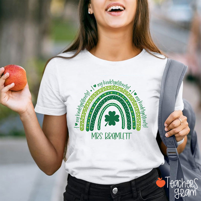 Personalized Name And Grade Rainbow Shamrock Teacher T-Shirt