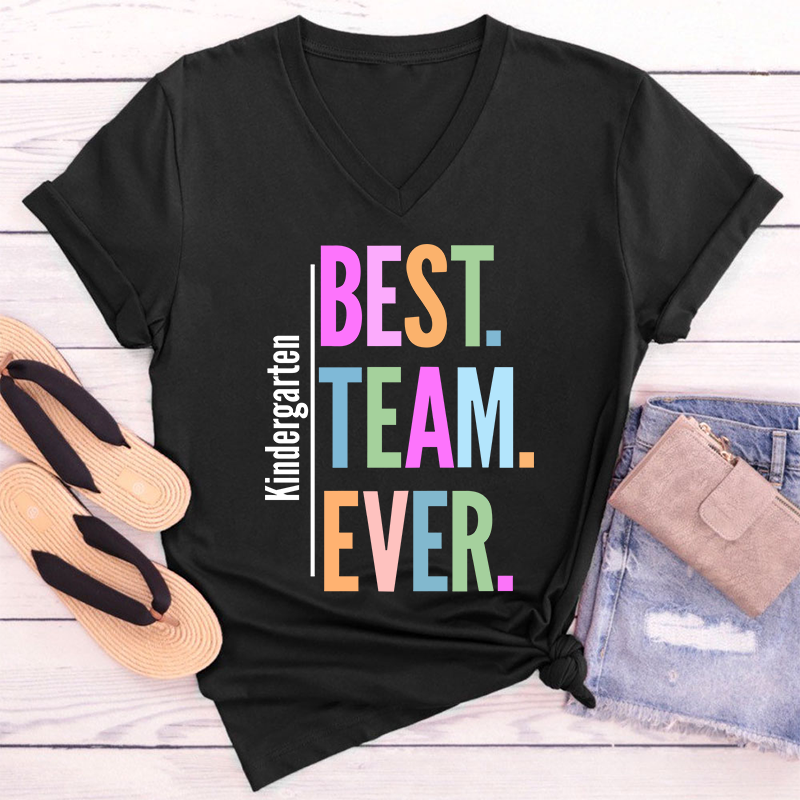 Personalized Neon Color Best Team Ever Teacher Female V-Neck T-Shirt