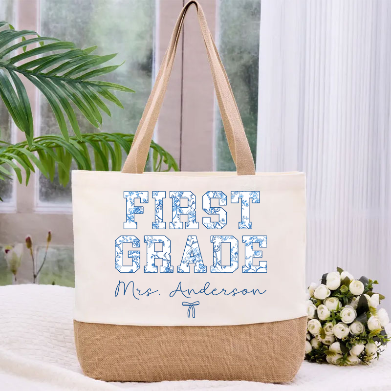 Personalized Name And Grade Trendy Teacher Canvas Tote Bag