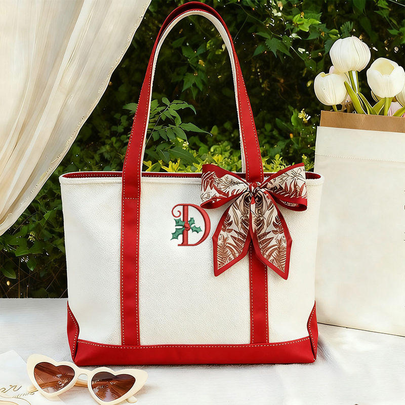 Personalized Letter Christmas Vibe Teacher Canvas Tote Bag