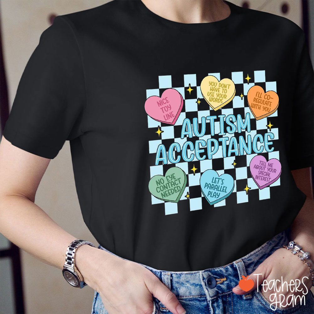 Candy Color Hearts Autism Awareness Teacher T-Shirt
