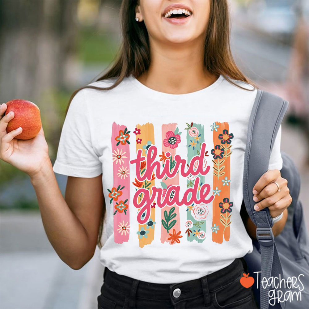 Personalized Grade Watercolor Floral Stripes Teacher T-Shirt