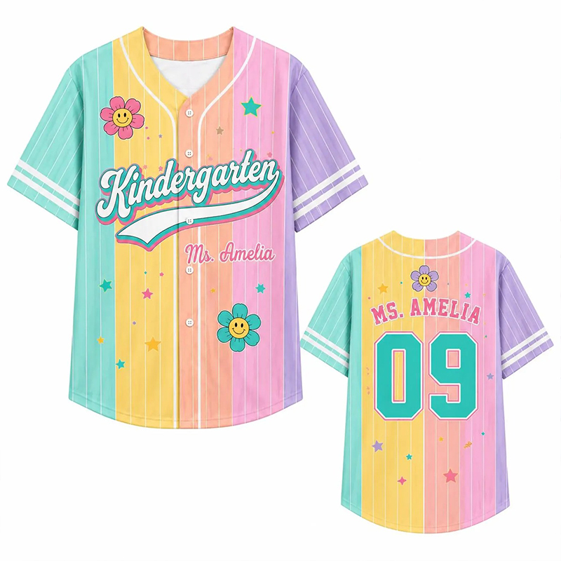 Personalized Grade And Name Rainbow Stripes Floral Teacher Baseball Jersey