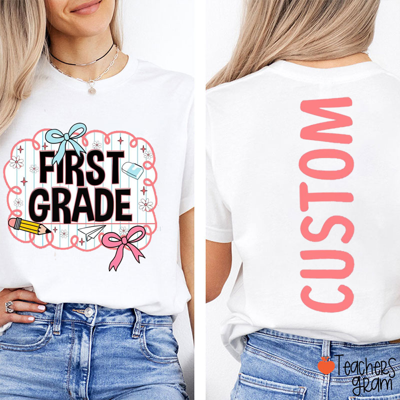 Personalized Grade And Name Notebook Stripes Bow Teacher Two Sided T-Shirt