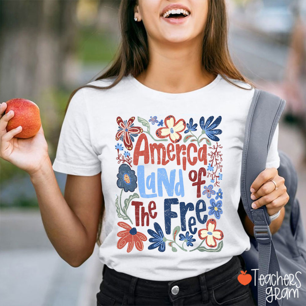 Retro Floral America Land Of The Free Teacher T-Shirt