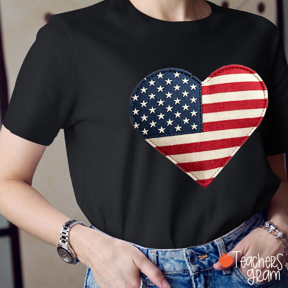 Faux Patchwork American Flag Heart Teacher T-Shirt