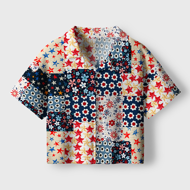 Boho Star Floral Patriotic Teacher Crochet Crop Camp Shirt