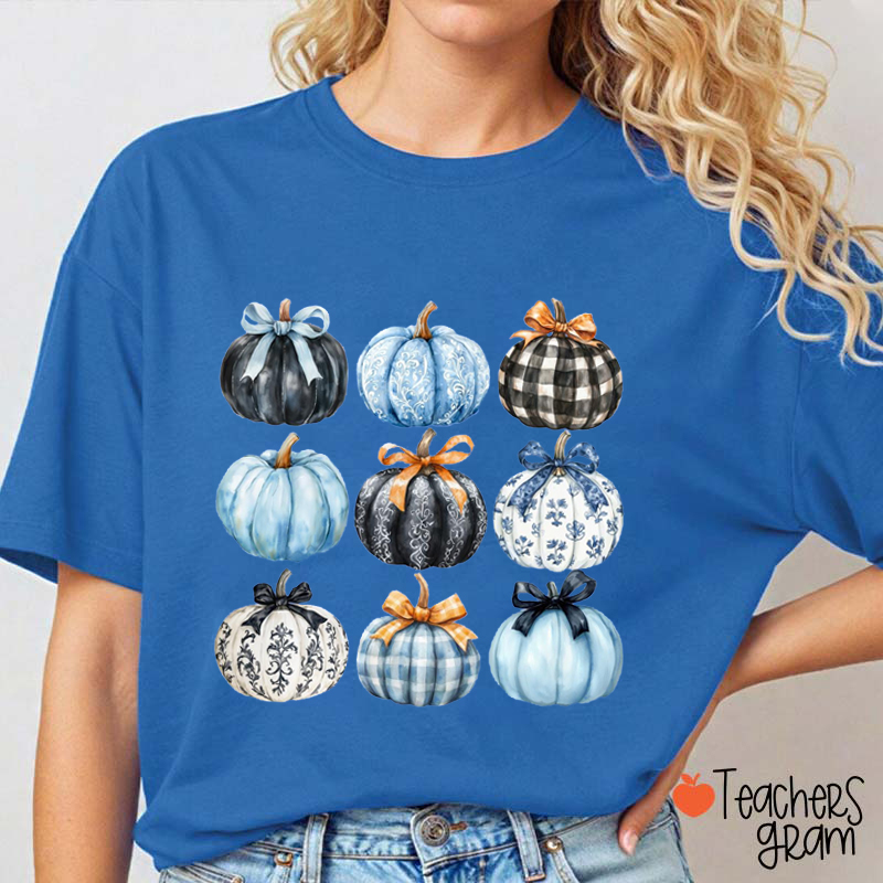 Blue Bow Pumpkin Teacher T-Shirt
