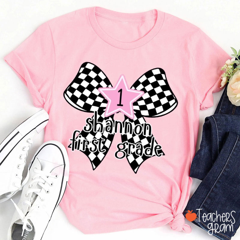 Personalized Name And Grade Checkerboard Bow Teacher T-Shirt