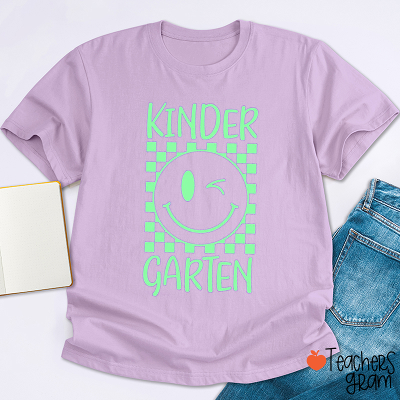 Personalized Grade Checkered Smiley Face Teacher T-Shirt