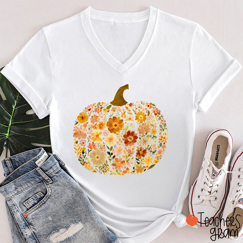 Pumpkin Orange Flowers Grass Teacher Female V-Neck T-Shirt