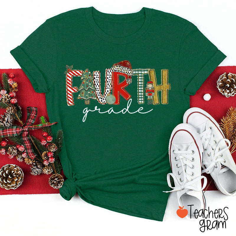 Personalized Grade Preppy Christmas Teacher T-Shirt