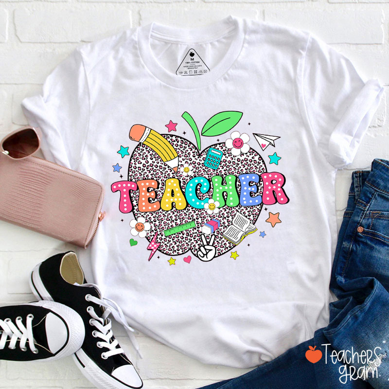 Personalized Grade Leopard Apple Teacher T-Shirt