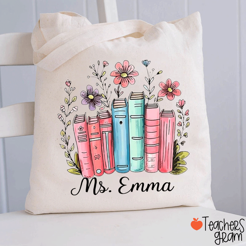 Personalized Name Flower Book Teacher Tote Bag