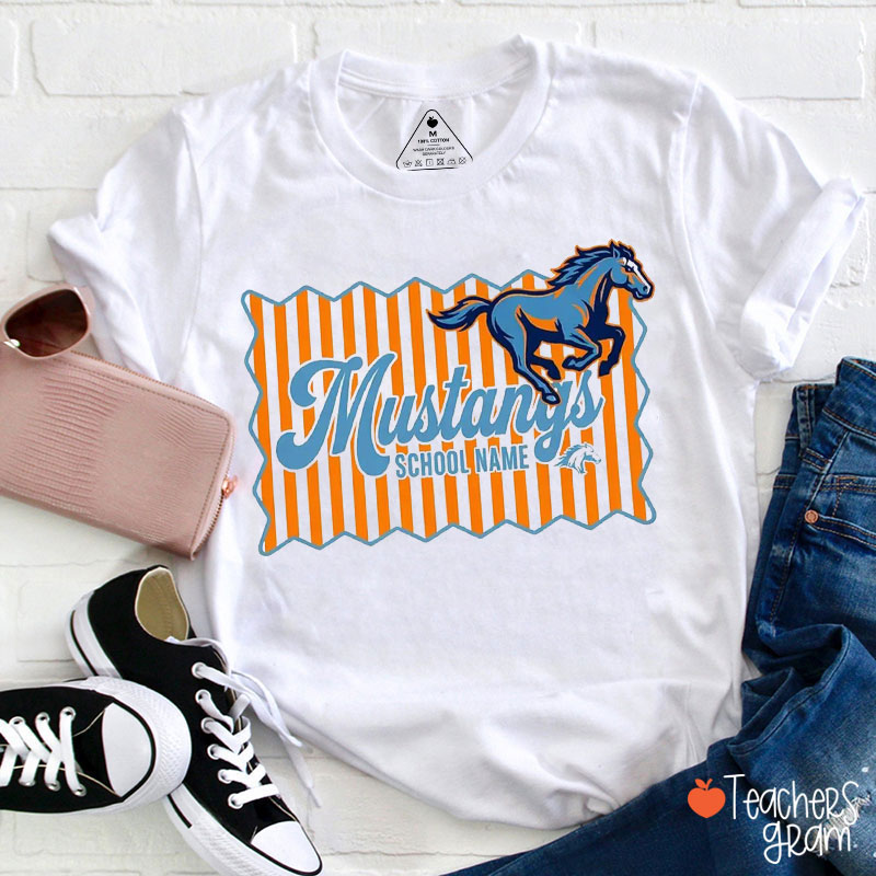 Personalized Mascot Striped Background Teacher T-Shirt