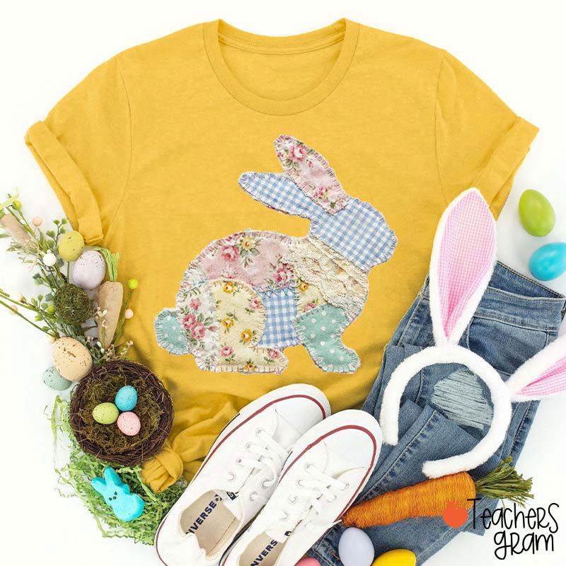 Faux Patchwork Rabbit Easter Vibe Teacher T-Shirt