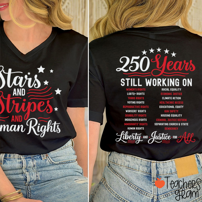 Stars And Stripes And Human Rights Teacher Female V-Neck Two Sided T-Shirt