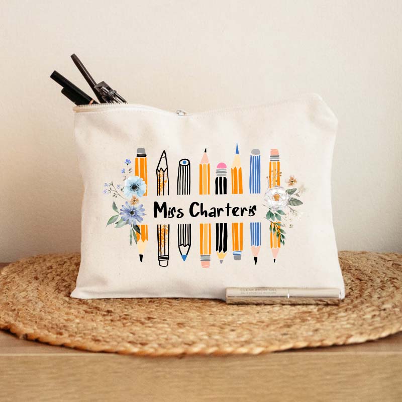 Personalized Name Colored Pencil Flowers Teacher Makeup Bag