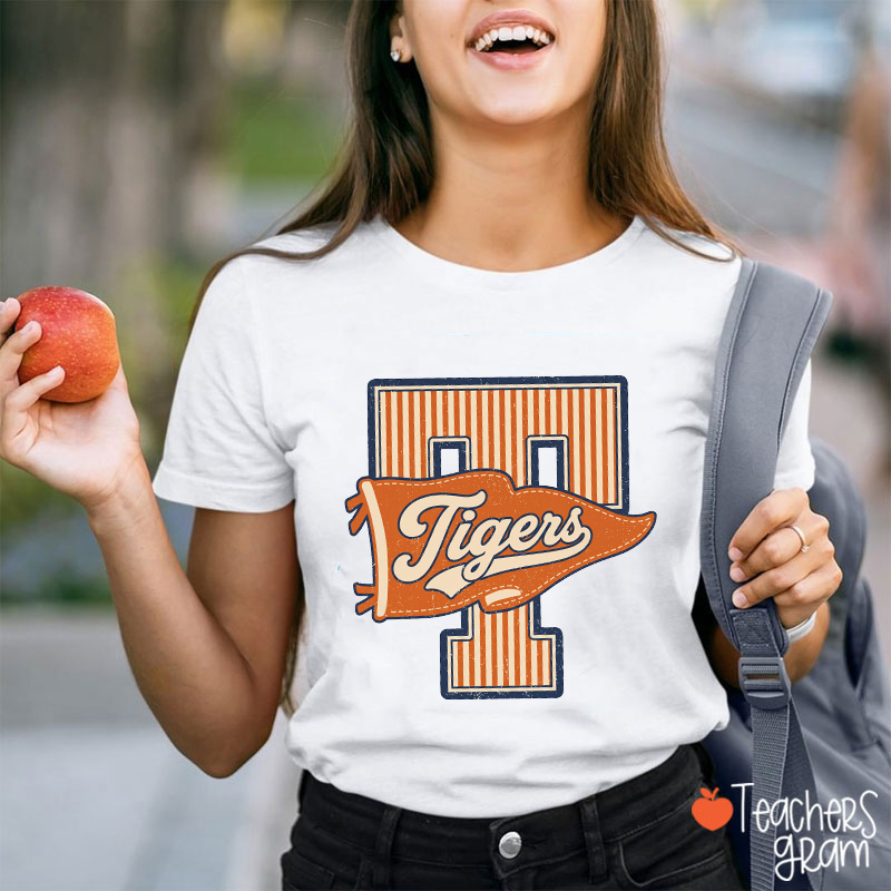 Personalized Mascot Sport Striped Varsity Pennant Teacher T‑Shirt