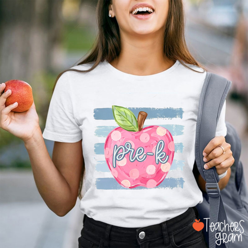 Personalized Grade Pink Polka Dot Apple Blue Brush Stripe Teacher T-Shirt