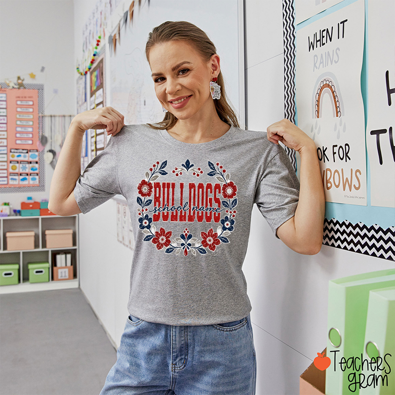 Personalized Mascot And School Name Floral Wreath Teacher T-Shirt