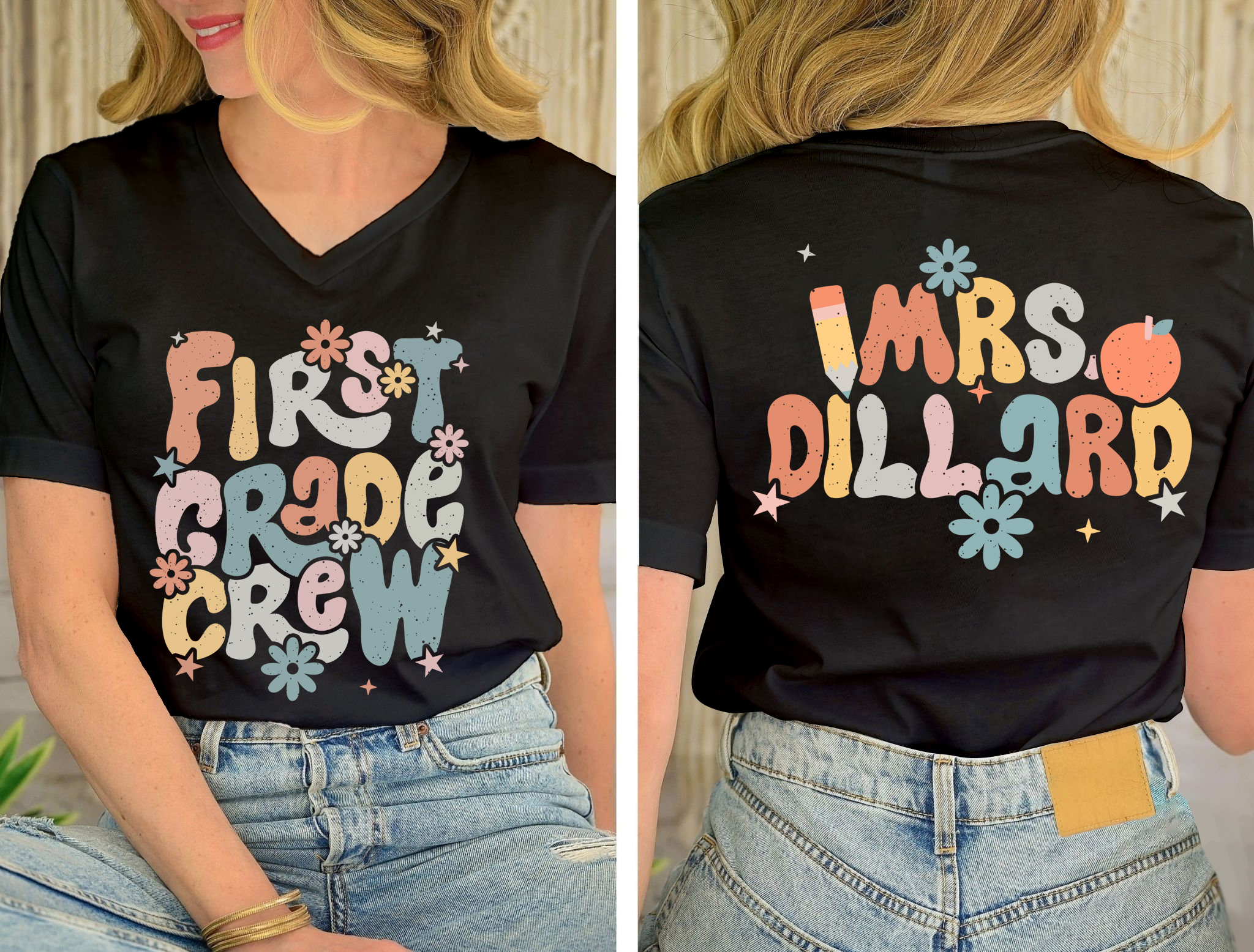Personalized Name And Grade Bloom Flowers Teacher Female V-Neck Two Sided T-Shirt