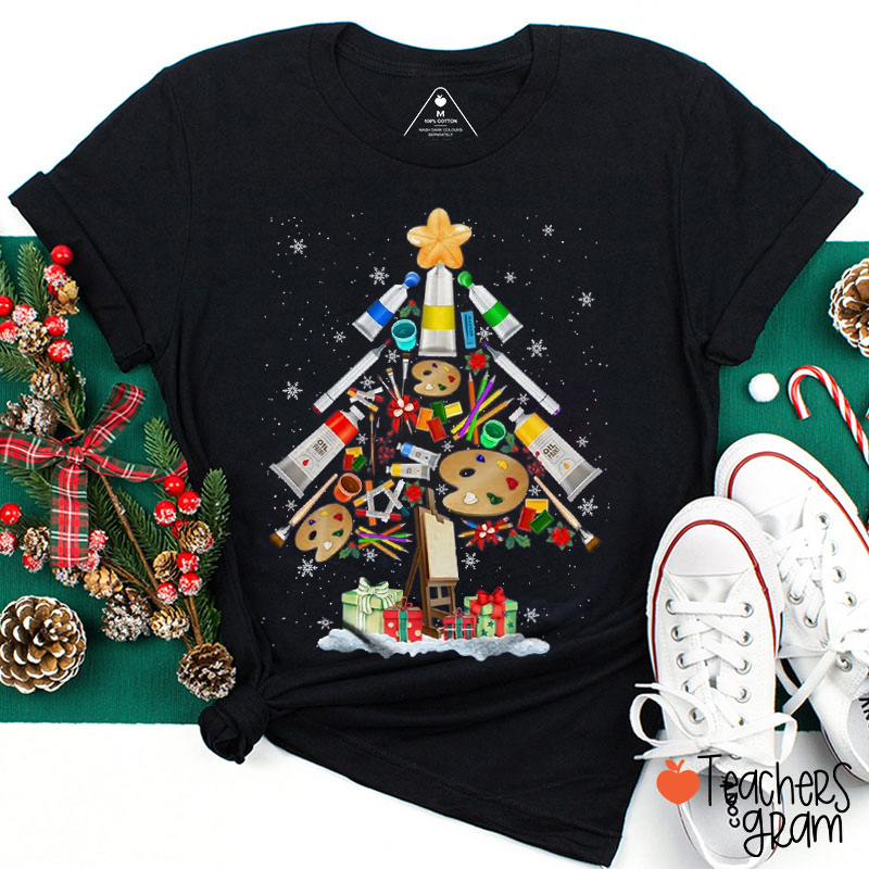 Paint Brush Christmas Tree Art Teacher T-Shirt