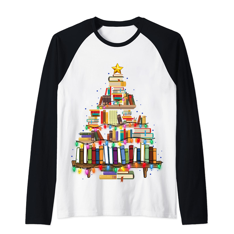 Book Christmas Tree Teacher Raglan Long Sleeve T-Shirt