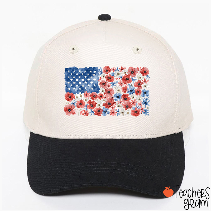 Vintage Floral USA Flag Teacher Baseball Cap
