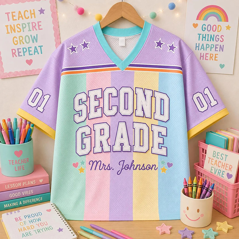 Personalized Grade And Name Preppy Rainbow Vertical Stripes First Day Teacher Mesh Jersey