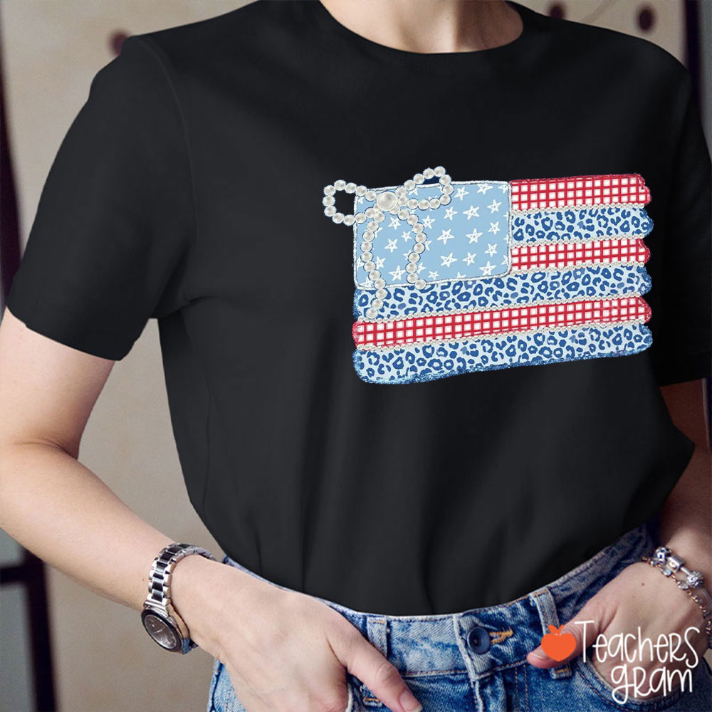 Faux Patchwork American Flag Pearl Bow Teacher T-Shirt