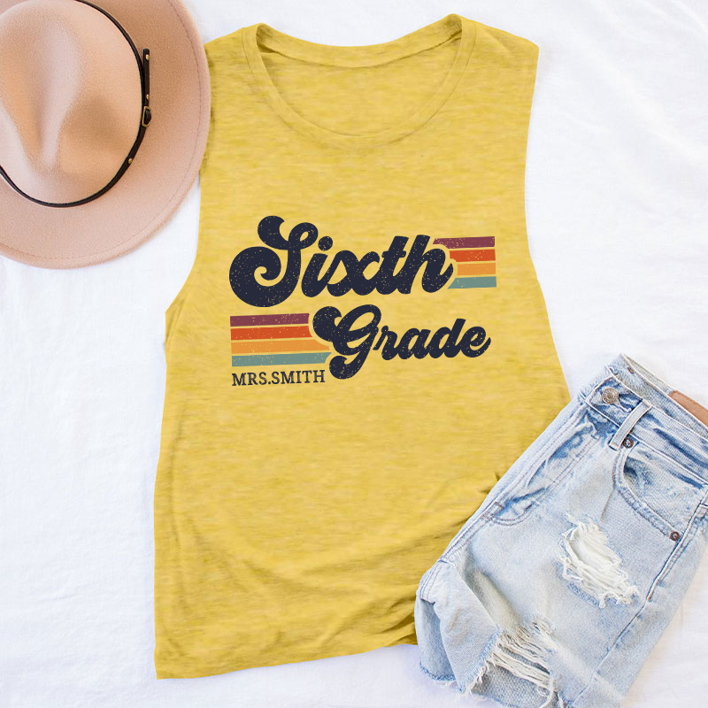 Personalized Grade And Name Retro Horizontal Stripes Teacher Tank Top