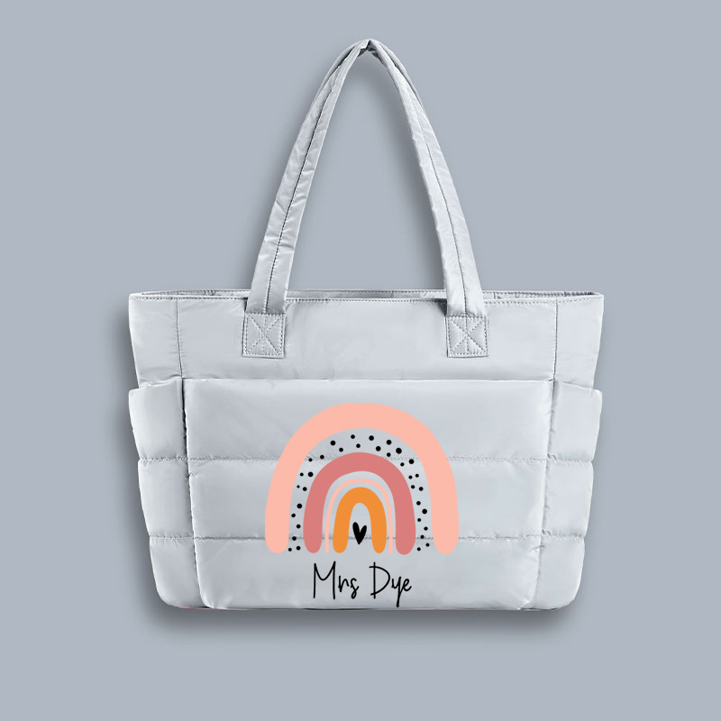 Personalized Purple Rainbow Teacher Puffy Tote Bag