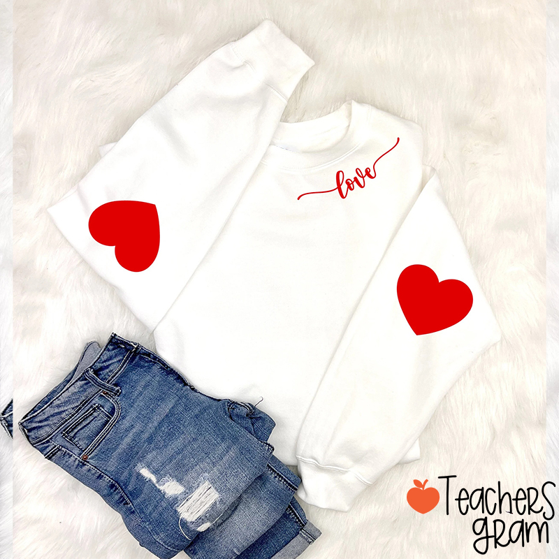 Valentine Heart Arm Teacher Sleeve Print Sweatshirt